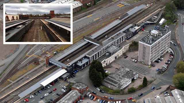 Station platform canopies to be restored at Worcester Shrub Hill: Aerial shot of Worcester Shrub Hill station - Credit Network Rail Air Operations - composite