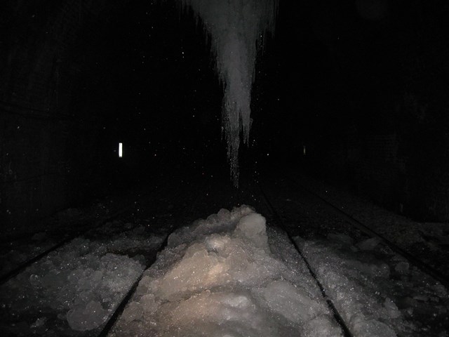Icicles form in S&C tunnels_4: Icicles build up inside Blea Moor and Rise Hill tunnels, and rise up from the ground like stalactites and stalagmites.