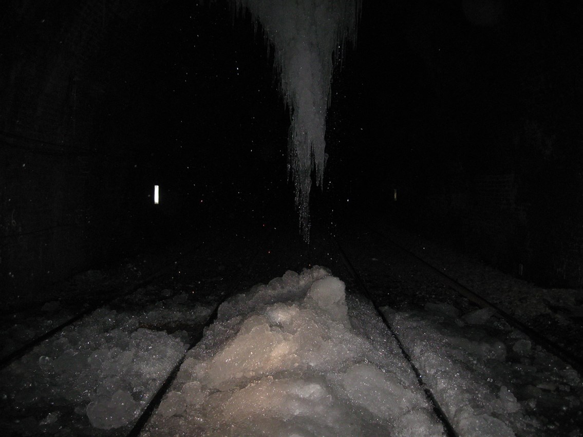 Icicles form in S&C tunnels_4: Icicles build up inside Blea Moor and Rise Hill tunnels, and rise up from the ground like stalactites and stalagmites.
