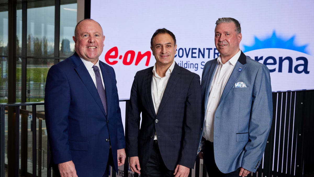 Pictured left to right, Councillor Jim O'Boyle, Coventry City Council; Vijay Tank, Chief Commercial Officer, E.ON EIS UK; Paul Michael, Managing Director, Coventry Building Society Arena.