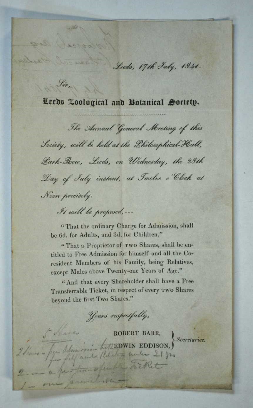 A Garden Through Time: A copy of the agenda for a special general meeting of the shareholders of the Leeds Zoological and Botanical Gardens from 1841. Part of the Leeds Museums and Galleries collection.