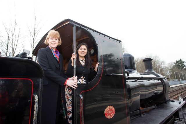 Rail minister Wendy Morton, Wealden MP Nusrat Ghani and others celebrate completion of improvement projects at beautiful Sussex railway station Eridge – shared with Spa Valley steam railway: Wendy Morton and Nusrat Ghani on board at Eridge