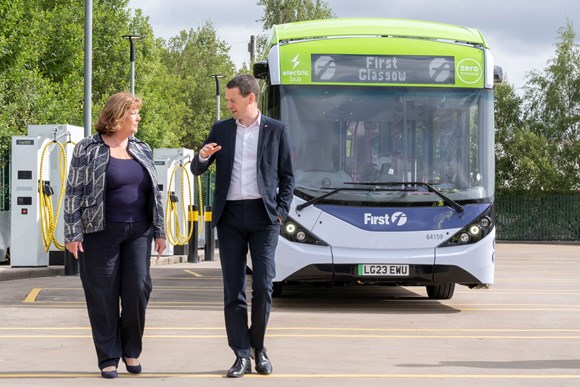 Transport Minister Fiona Hyslop and First Bus Scotland MD Duncan Cameron at the launch of electrified Scotstoun Depot