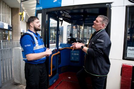 Public Transport Safety Officer Roman Karasz (left) speaks to Stagecoach bus driver Andy Costello at Preston Bus Station