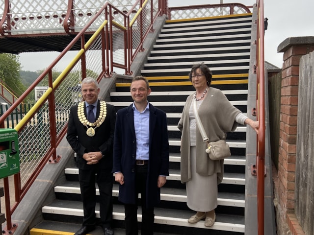 Cllr Tony Holmes, Amber Valley Mayor, Pauline Latham MP, and Luke Gardiner at Duffield footbridge