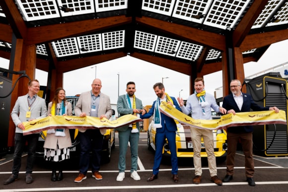 First ultra-rapid EV hub in Fastned & Places for London partnership lands near Heathrow with a week of free charging: TfL Image - Places for London, TfL, Fastned and the deputy mayors cut ribbon at Hatton Cross Hub