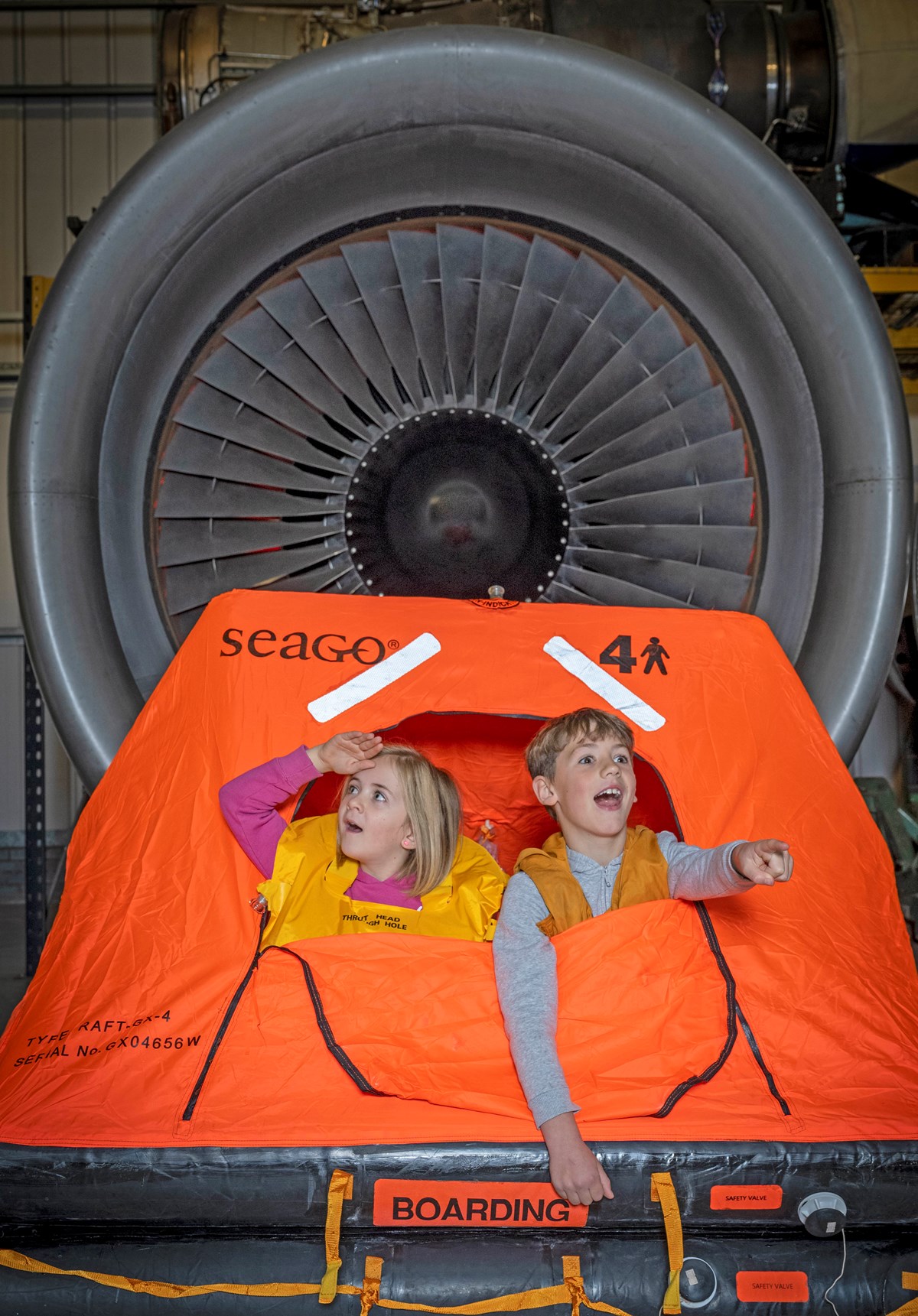 Lewis Morley and Amber Leslie test their sea survival skills at the National Museum of Flight. Photo © Neil Hanna (3)