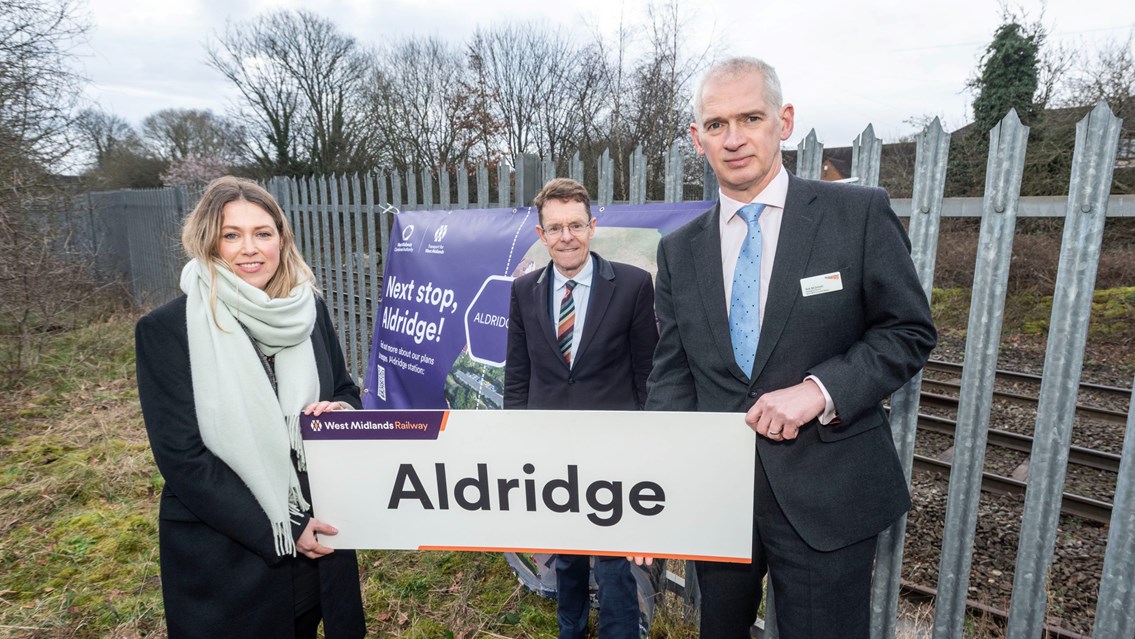 Kate Trevorrow, TfWM rail delivery director, Andy Street Mayor of the West Midlands and Rob McIntosh, managing director for Network Rail's North West and Central Region at Aldridge station site cropped-2