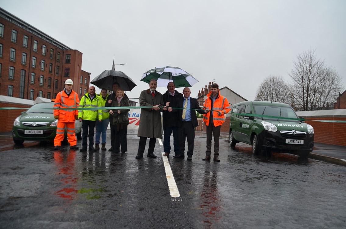 From left to right: Tameside Council's highways team; Cllr Peter Robinson; Danny O’Brien and Brendan McNeil from J.Murphy & Sons; and Steve Cooper from Network Rail