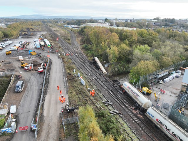 Aerial shot of wagons being recovered in Carlisle