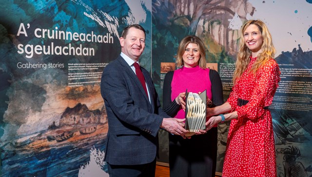 Gaelic Tourism Strategy launch 1: Rob Dickson, Director of Industry & Destination Development at VisitScotland, Joy Dunlop, singer and Director of Seachdain na Gàidhlig (World Gaelic Week) and Amina Shah, National Librarian and Chief Executive, National Library of Scotland, launch the Gaelic Tourism Strategy for Scotland 2024 – 2029 at the National Library of Scotland in Edinburgh. (Credit – VisitScotland / Phil Wilkinson)