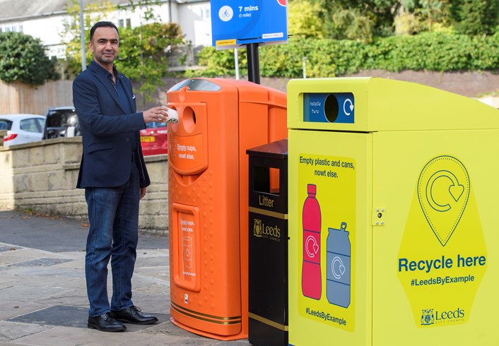 Image 2 Executive Member Cllr Rafique with the recycling-on-the-go bins