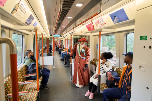 TfL Image London Overground customers were treated to a surprise this week as an actress dressed as Suffragette leader, Emmeline Pankhurst joined them on what will become the Suffragette line