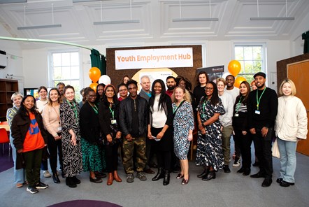 Staff and partners pictured at the opening of West Library Youth Employment Hub alongside local councillors, Santiago Bell-Bradford, Lead Member for Inclusive Economy and Jobs; Councillor Michelline Safi Ngongo, Lead Member for Children, Young People and Families; Councillor Una O’Halloran, Lead Mem