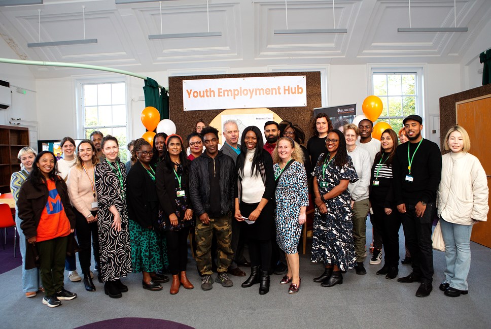 Staff and partners pictured at the opening of West Library Youth Employment Hub alongside local councillors, Santiago Bell-Bradford, Lead Member for Inclusive Economy and Jobs; Councillor Michelline Safi Ngongo, Lead Member for Children, Young People and Families; Councillor Una O’Halloran, Lead Member for Homes and Communities and Councillor Rowena Champion, Lead Member for Environment, Air Quality and Transport