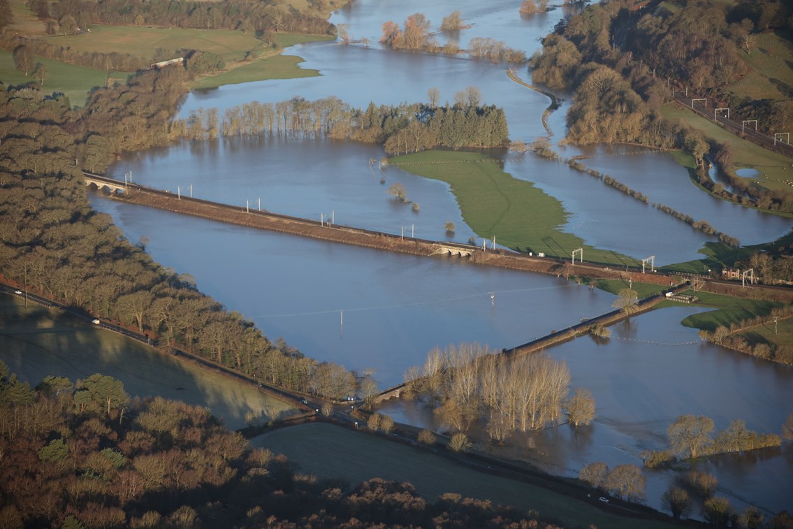 Flooded land around West Coast main line at Colwich in Staffordshire
