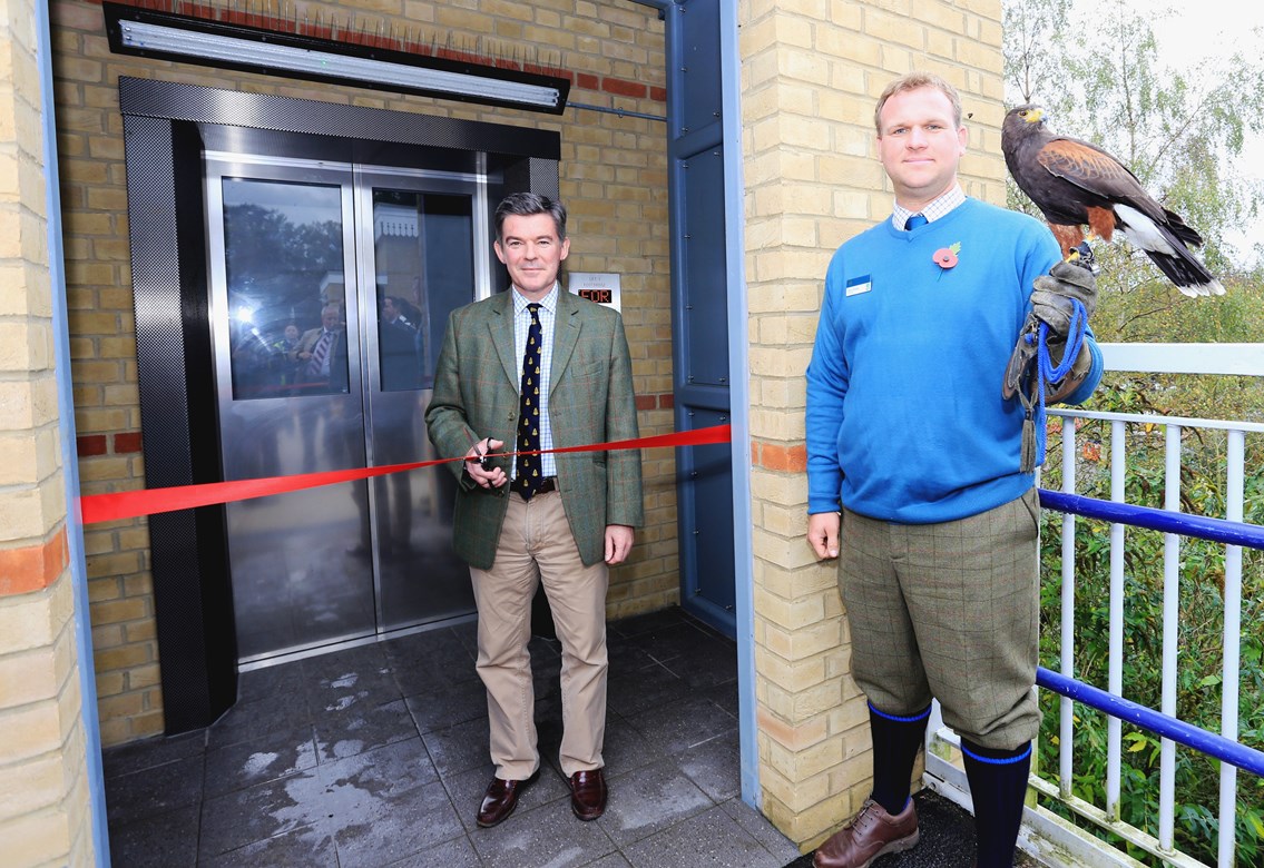Bearsted Access for All lifts are opened by Sir Hugh Robertson MP: Bearsted Access for All lifts are opened by Sir Hugh Robertson MP, with Leeds Castle's head falconer Mark Brattle and Keye the Harris hawk