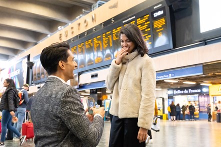 (L-R): Nirmal Chohan proposes to Vidya Patel at Euston station
