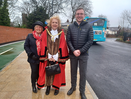 Lancashire County Councillor Nikki Hennessy, Mayor of West Lancashire Cllr Marilyn Westley and Lancashire County Councillor Scott Smith, lead member for highways and active travel, at Ormskirk's new bus station