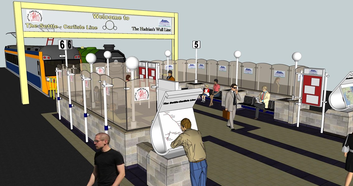 Carlisle station refurbishment_4: CGI impression of new seating area at the head of platforms 5 and 6, forming a Gateway to the Settle - carlisle and Hadrian's Wall lines.