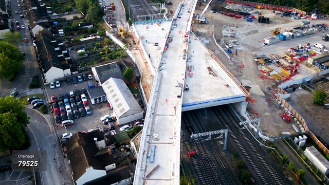 ‘Box structure’ flyover saves £70m and six months for East West Rail: Bletchley flyover box structure drone shot October 2021