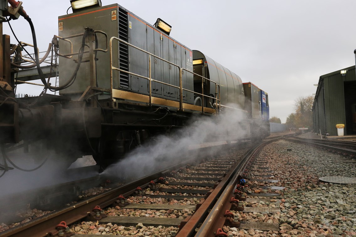 'Leaf buster' Multi Purpose Vehicle (MPV) 4: One of our fleet of treatment trains that clean the rails using water jets and then apply a sand-based gel to help trains gain traction http://www.networkrail.co.uk/timetables-and-travel/delays-explained/leaves/ RHTT; Rail Head Treatment Train; Autumn; Winter; Weather