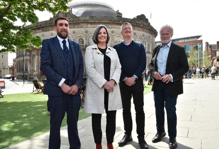 Corn Exchange 4: Left to right: Peter Dawson (John Sisk & Son Ltd contract manager), Councillor Helen Hayden (Leeds City Council's executive member for infrastructure and climate), Councillor James Lewis (leader of Leeds City Council) and Jonathan Maud (Rushbond plc managing director).