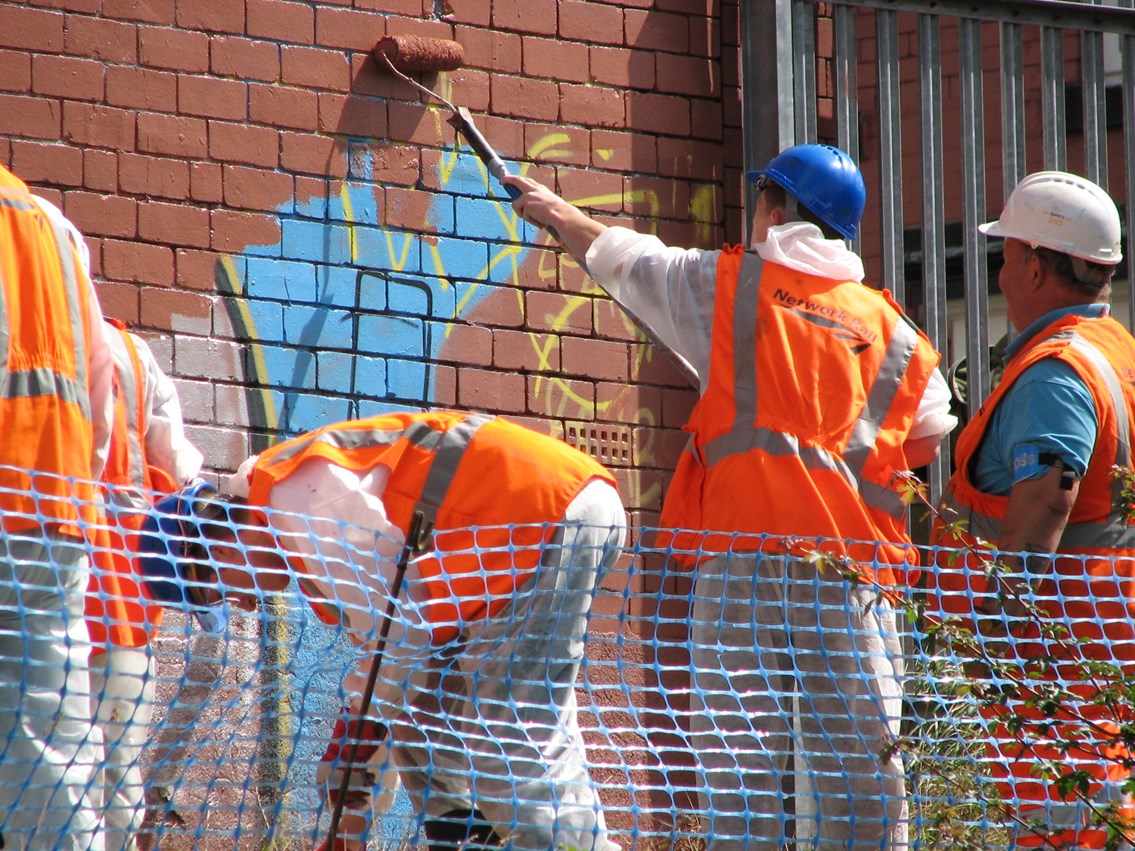Graffiti removal at Burley Park station_002: Young people who have comitted offences in Leeds remove graffiti at Burley Park station as part of their reparation work.
In partnership with Network Rail