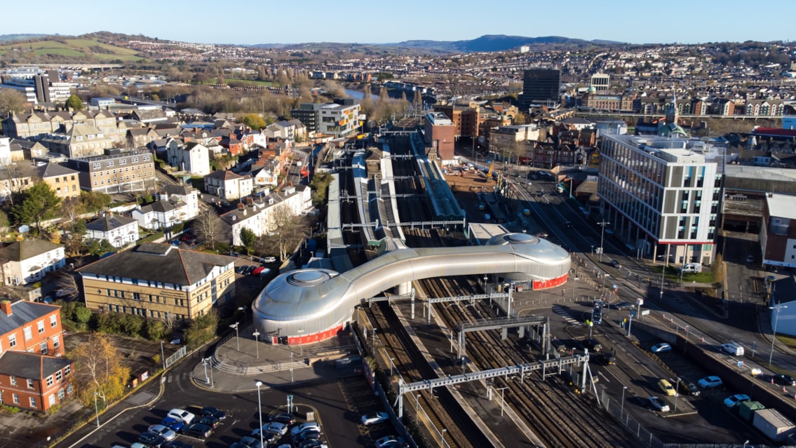 Passengers urged to plan ahead as essential weekend railway upgrades take place between Newport and Shrewsbury: Newport Station drone photo1