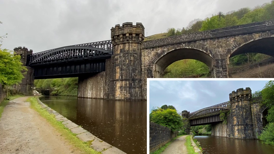 Before and after video shows historic Calder Valley viaduct restored: Gauxholme Viaduct composite (before inset)