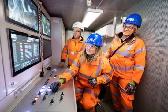 Train drivers start TBM Karen on the way to Euston: L-R: Michael Wilson, TBM driver; Hayley Richardson, train driver; Vicky Knight, train driver