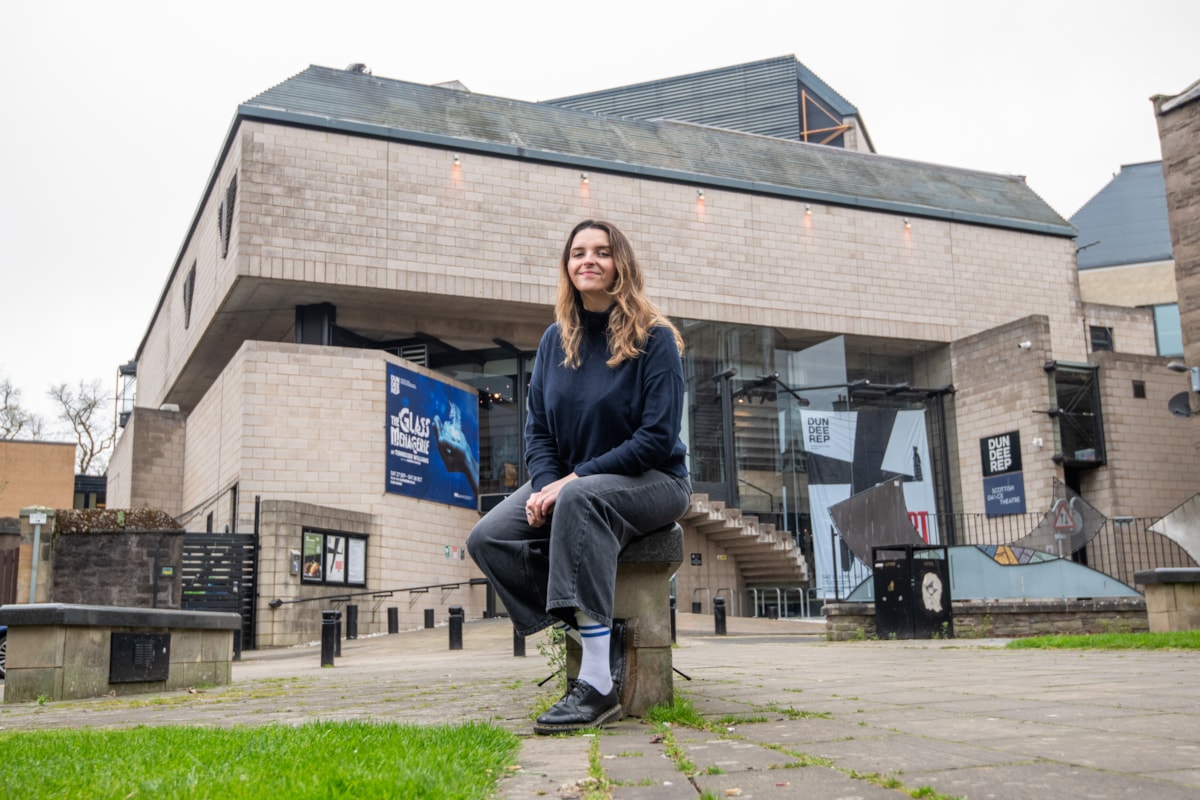 Taylor Dyson, 2025 Scots Scriever, in front of Dundee Rep Theatre