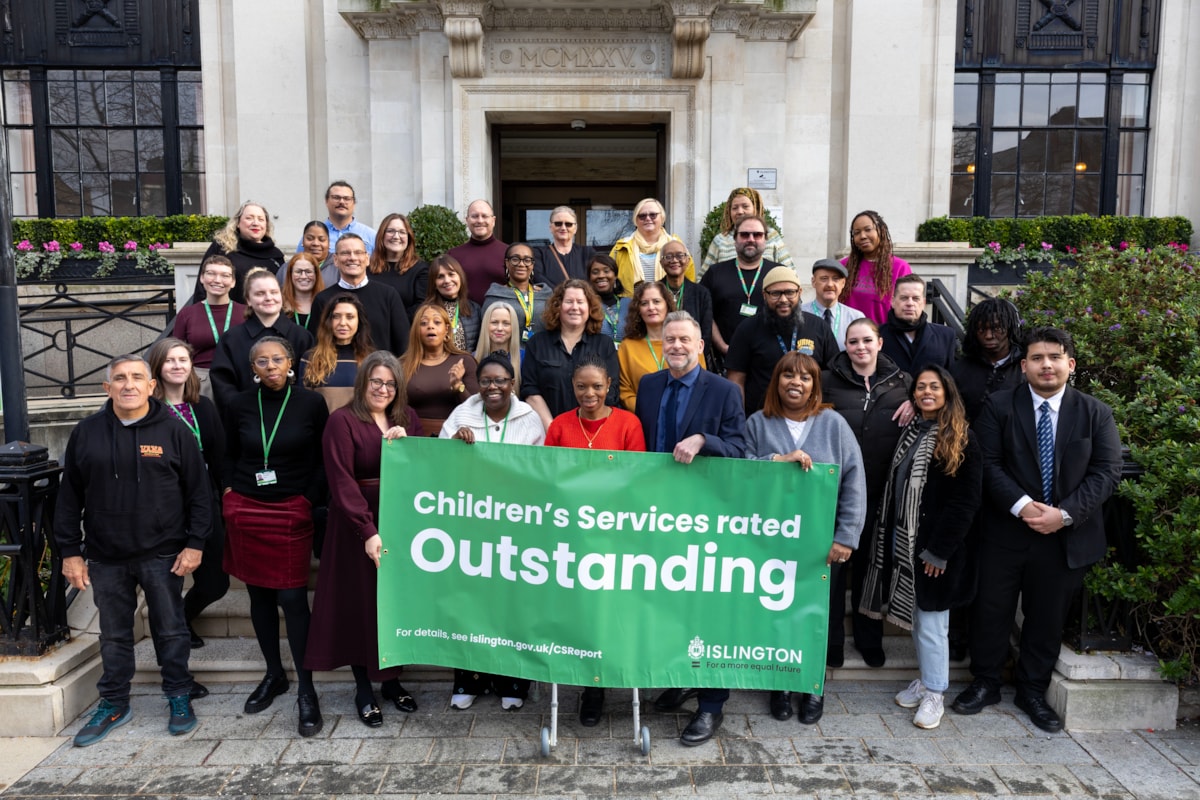 Cllr Michelline Safi-Ngongo, Executive Member for Children, Young People and Families, celebrates the outcome of Ofsted's Children's Services inspection with service colleagues on the steps of Islington Town Hall-3