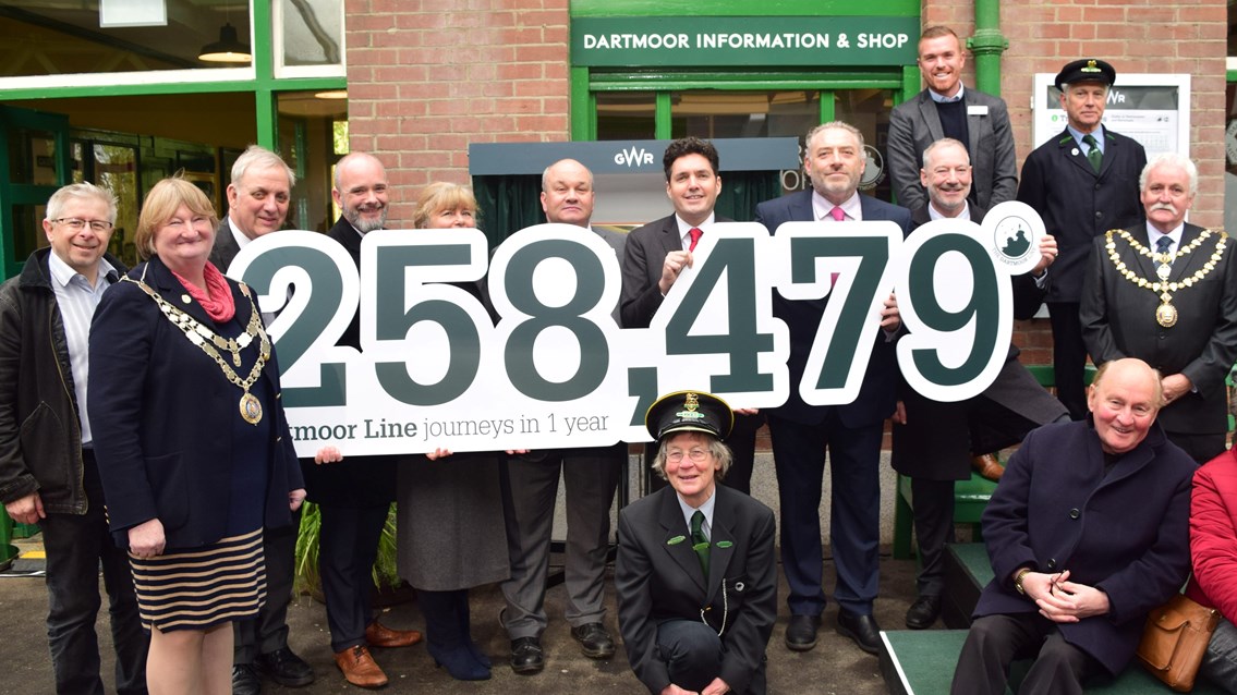 Dartmoor Line passes 250,000 journeys on its first anniversary, as rail minister visits to mark official opening of the station building.: Dartmoor Line group shot