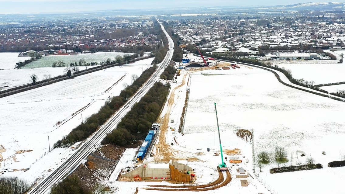 Drone shot showing preparation work for new Chiltern main line underpasses in Bicester January 2021