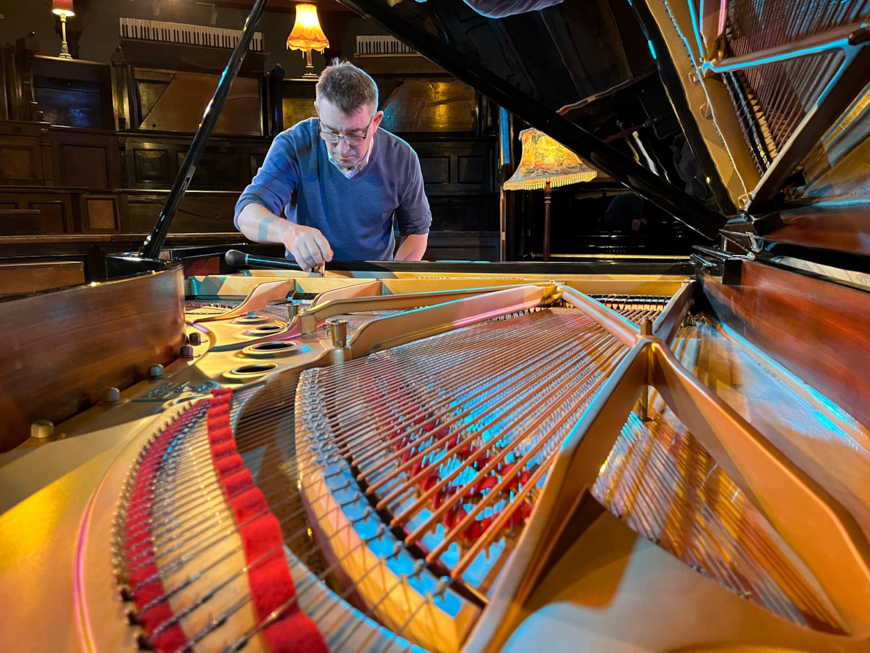 Pianodrome at Leeds City Museum: Expert piano tuner John Tordoff at Leeds City Museum, ensuring the Pianodrome is on song ahead of the concert this Sunday.
The museum and Pianodrome itself will host Duo Ardašev - a piano duo comprising pianists Renata Lichnovská and Igor Ardašev.