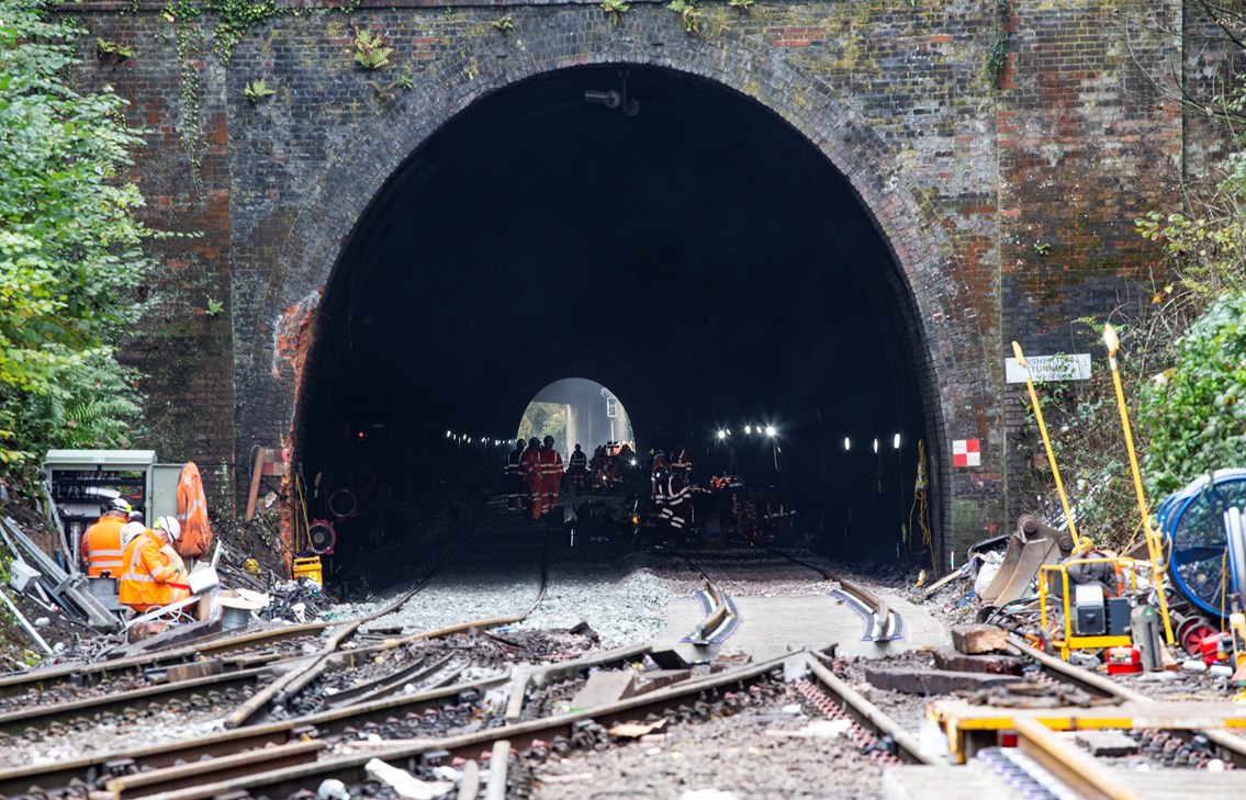 Salisbury Tunnel Junction - 111121: Work inside the tunnel and outside preparing the line for reopening