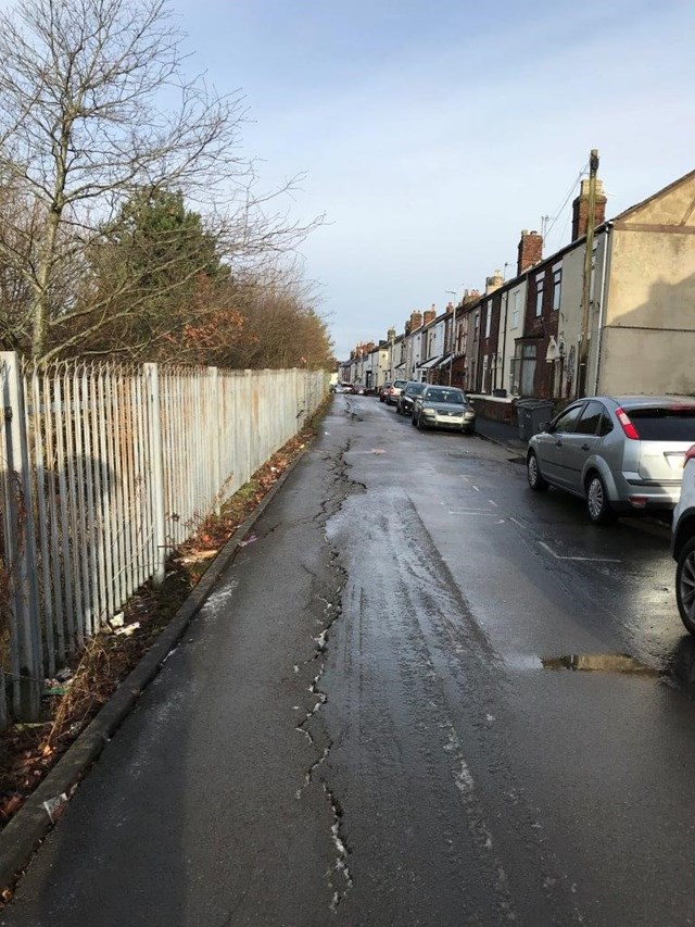 Damage to road caused by movement of railway embankment in Mount Pleasant Stoke-on-Trent