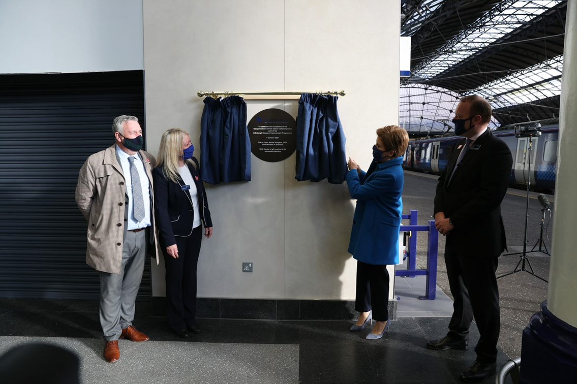 GQS official opening - L to R Tommy McPake of NR, Maggie Hoey of ScotRail, First Minister Nicola Sturgeon, Alex Hynes MD Scotland's Railway