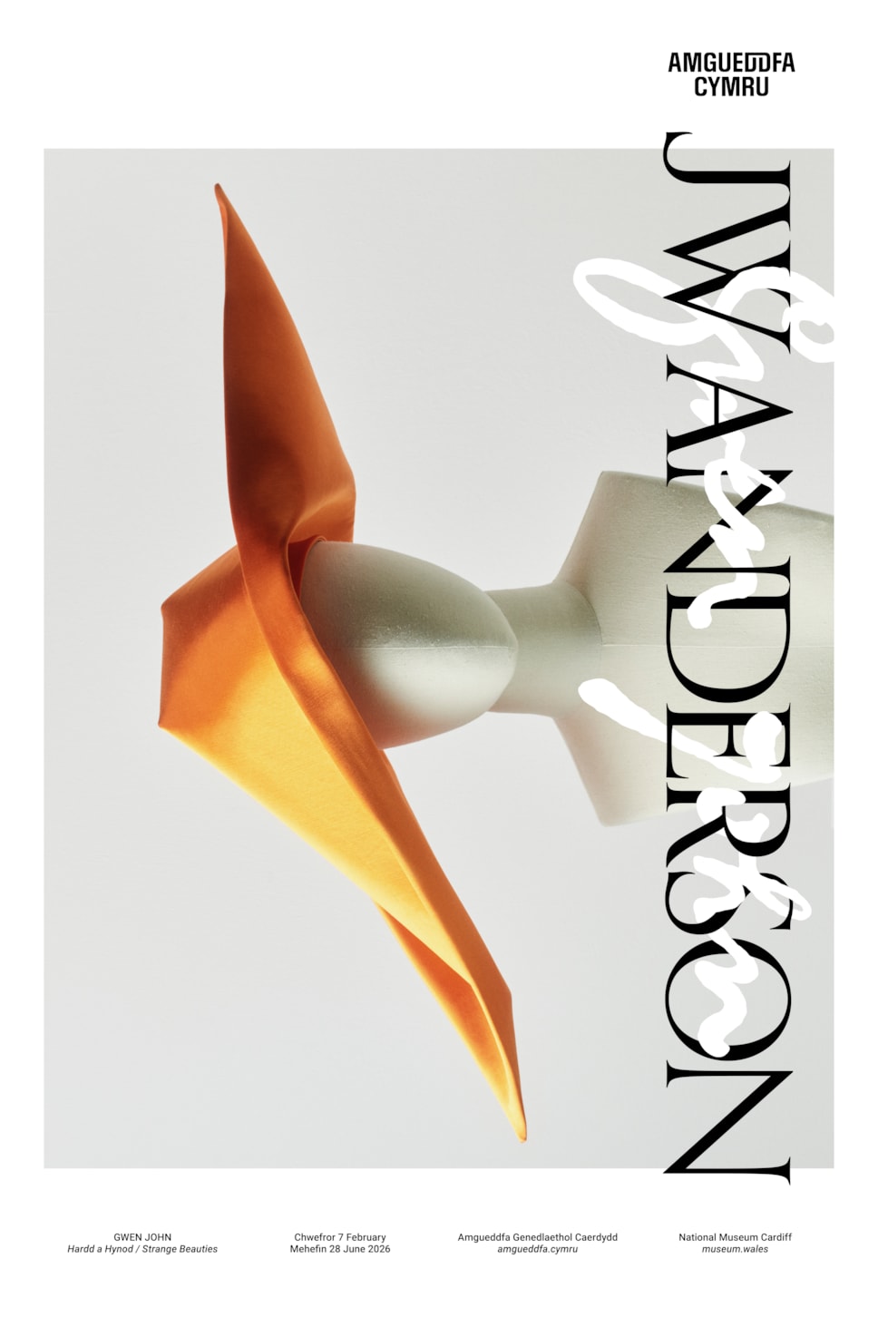 Image of a striking orange cornette on a mannequin with the JW Anderson logo and Gwen John's signature