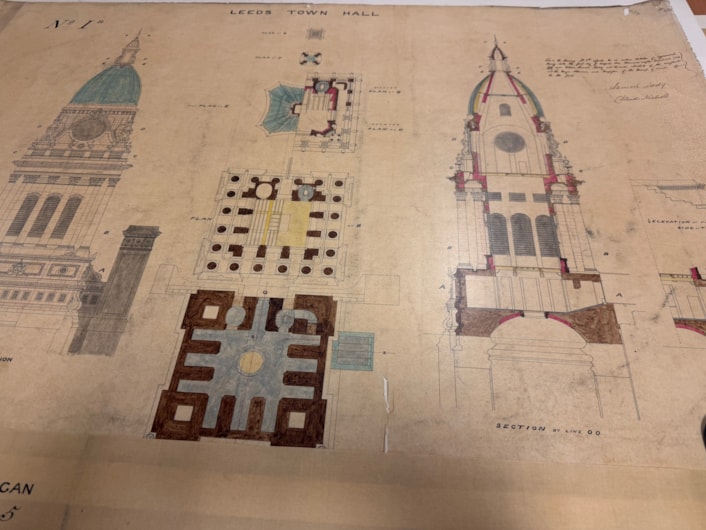 Leeds Town Hall clock tower: Archives assistant Alex Pearson with the plans for the Leeds Town hall clock tower.
Created in 1857, a year before the building was opened by Queen Victoria, the elaborate illustrations are part of the collection at West Yorkshire Archives Service and include the classical stonework and emblematic owls adorning the tower exterior.
They were prepared as part of the “articles agreement” put together by contractors Addy and Nicholls, who took on the mammoth task of constructing the tower.