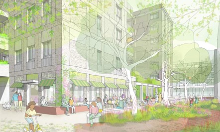 A CGI sketch shows people sitting and relaxing outside a building with a ground floor cafe and homes above, with trees and greenery alongside.