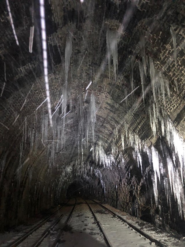 Icicles formed in railway tunnel