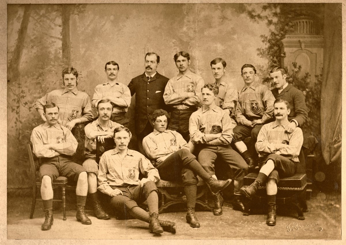 This is the first time the team wore the ‘Rosebery’ colours of primrose and pink hoops (the horse racing colours of Lord Rosebery). Watson was selected as captain and is pictured sitting in the middle of the group. 

Credit: Scottish Football Museum