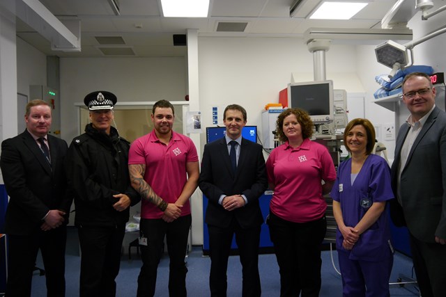 Navigator visit to Edinburgh Royal Infirmary: Left to right: Keith Jack (Navigator coordinator), Superintendent Robert Paris (Local Area Commander), Tam Begbie (Navigator), Justice Secretary Michael Matheson, Geraldine Lennon (Navigator), Dr Sara Robinson (Clinical Director for Emergency Medicine), Will Linden (VRU Acting Director)
