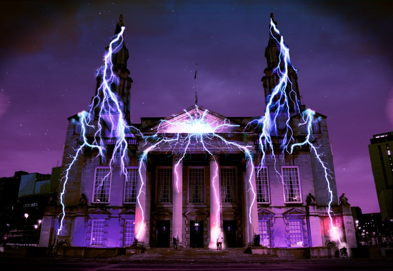 Light Night 2021: Artist's impression of Lightning Catchers, a new interactive artwork at Leeds Civic Hall which will be part of Light Night 2021. Credit Seb Lee-Delisle.
