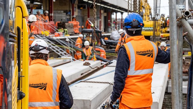 Engineers replacing bridges at Warrington Bank Quay station in May 2021: Engineers replacing bridges at Warrington Bank Quay station in May 2021