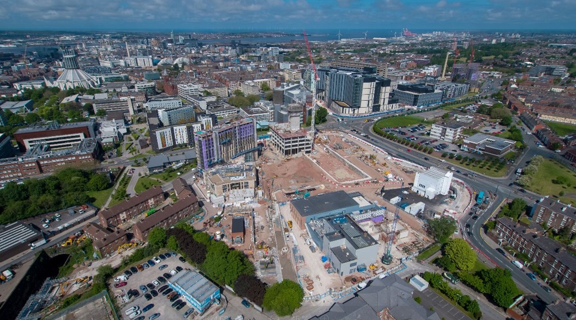 Aerial view of the construction site near Liverpool Lime Street station