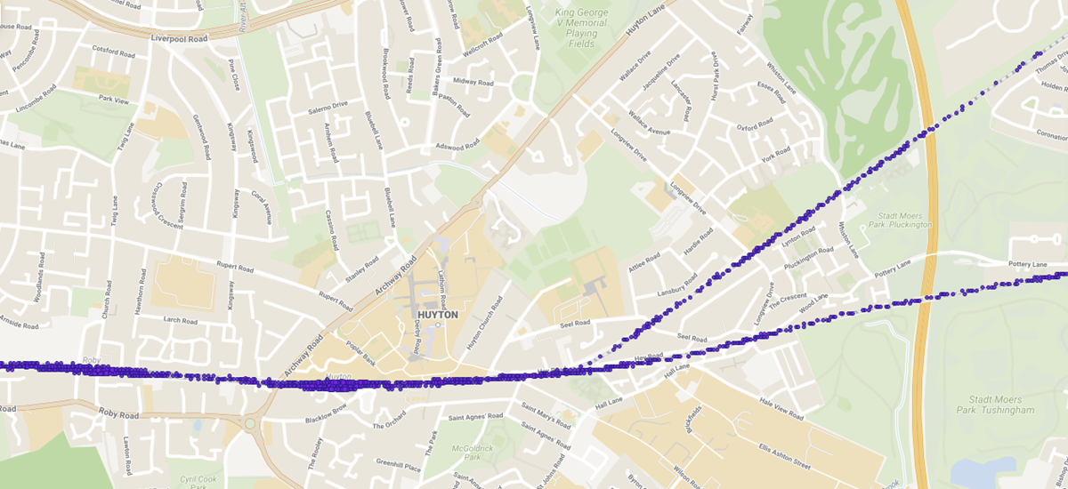 This image shows the GPS tracking of a trains route through Huyton