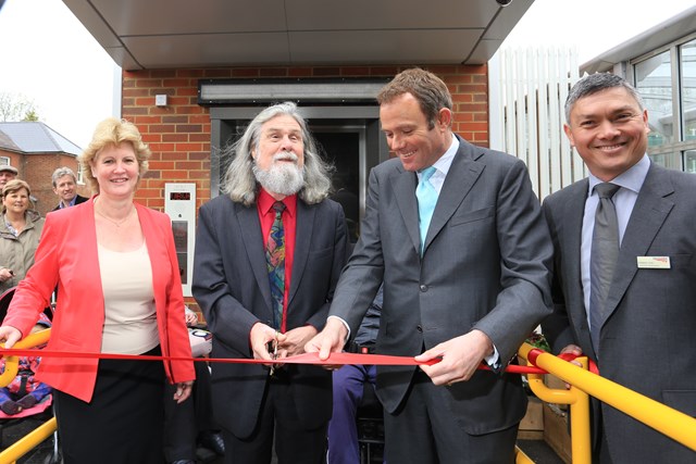 Hassocks - accessibility opening: Hassocks - accessibility opening. L2R Catherine Cassidy (Hassocks Amenity Association), Kevin Carey (RNIB chairman), Nick Herbert MP and Robert Sue, Network Rail commercial sponsor